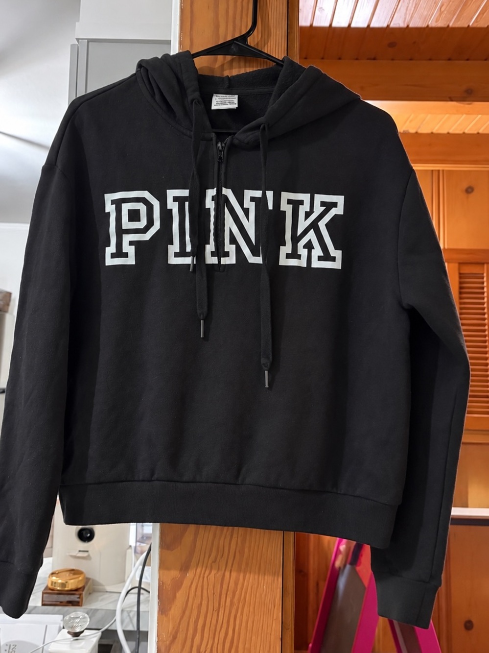 PINK Victoria's Secret Black Crewneck Hoodie with White Logo
